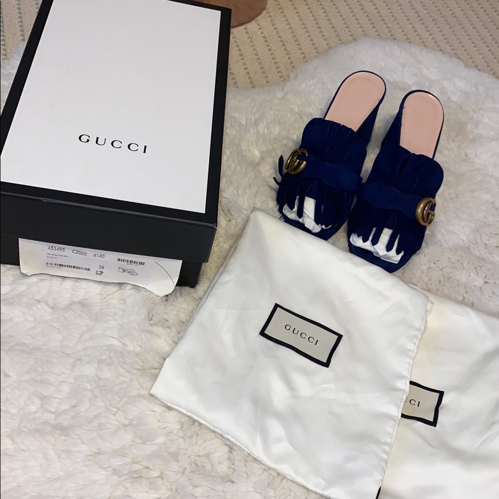 Gucci Women's GG Navy Fringe Sandals - Picture 11 of 11